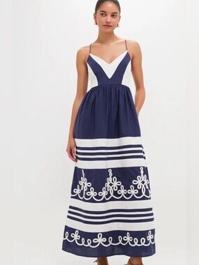 Navy and White Spaghetti-Strap Maxi Dress with Embroidered Stripe Detail